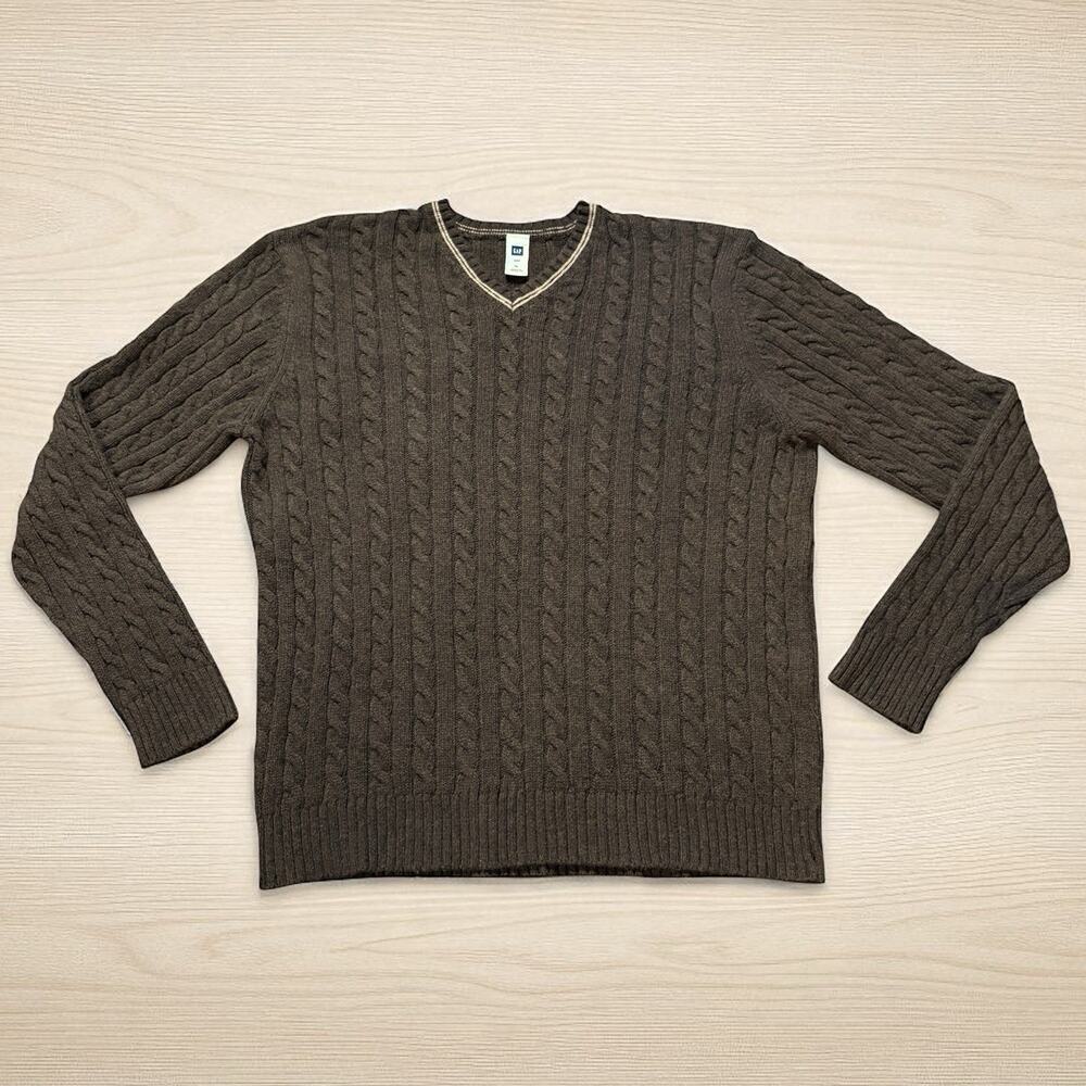 Gap Mens Sweater XL Dark Brown Cable Knit V Neck Fisherman Preppy Chunky Retro